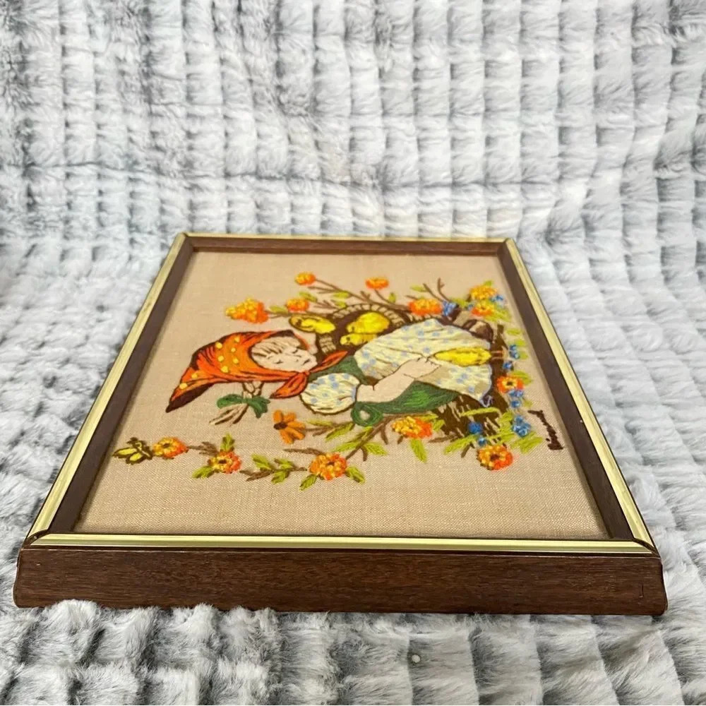 Crewel Embroidery Folk Needlepoint Wall Art Cottage Fairytale Handmade 1975 - Picture 7 of 10